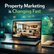 AI-powered real estate marketing setup with laptop showing staged property and analytics dashboard