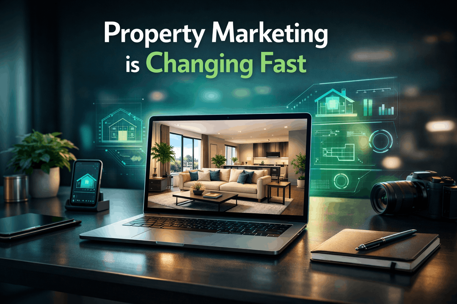 AI-powered real estate marketing setup with laptop showing staged property and analytics dashboard