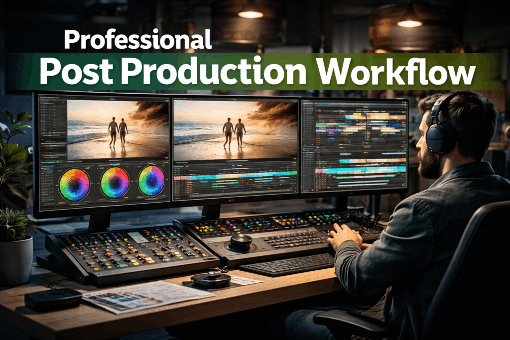 Video editor working on multi-screen setup with color grading tools, timeline editing software, and sound mixing console in modern studio