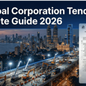 An infographic providing a "Complete Guide 2026" to Municipal Corporation Tenders, featuring a dramatic night view of Mumbai's Bandra-Worli Sea Link, construction equipment, and a detailed official MCGM tender document with an approved stamp.