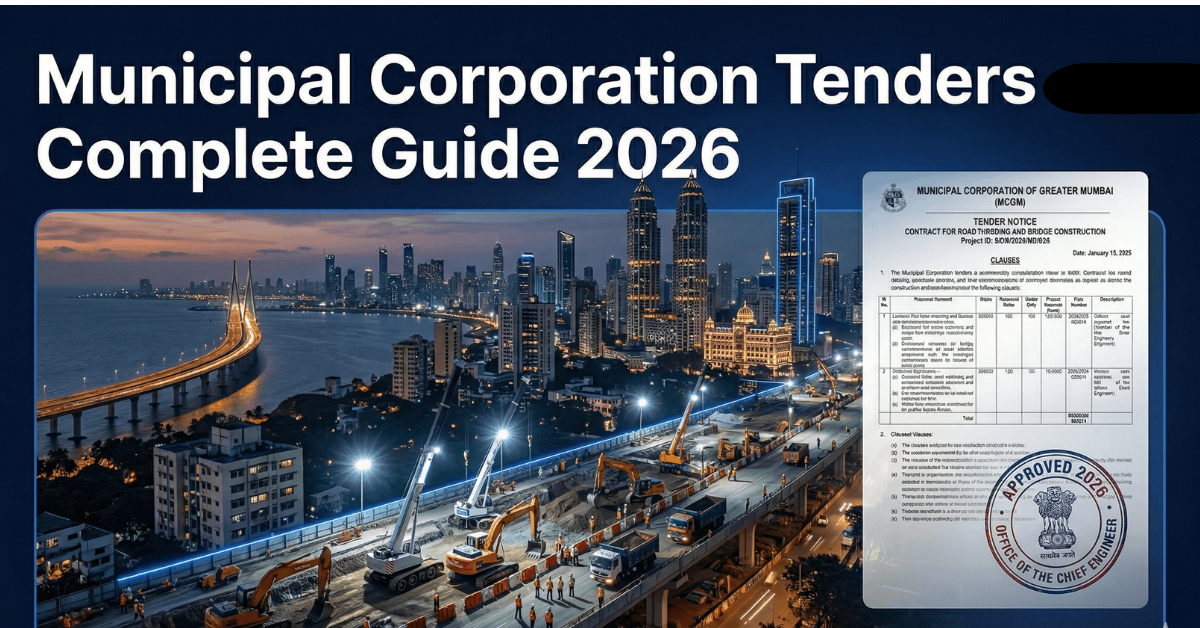An infographic providing a "Complete Guide 2026" to Municipal Corporation Tenders, featuring a dramatic night view of Mumbai's Bandra-Worli Sea Link, construction equipment, and a detailed official MCGM tender document with an approved stamp.