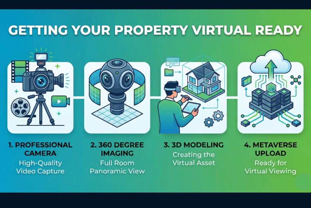 Getting your property ready for the metaverse. A simple 4-step infographic illustrating the professional creation process from capture to upload.