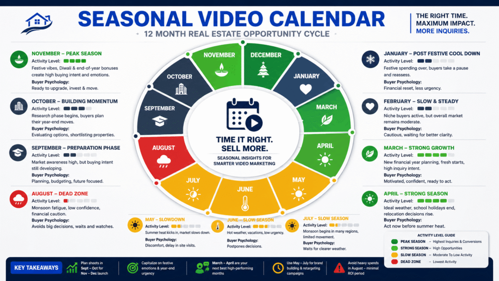 12-month real estate seasonal marketing calendar showing peak and slow periods for video releases