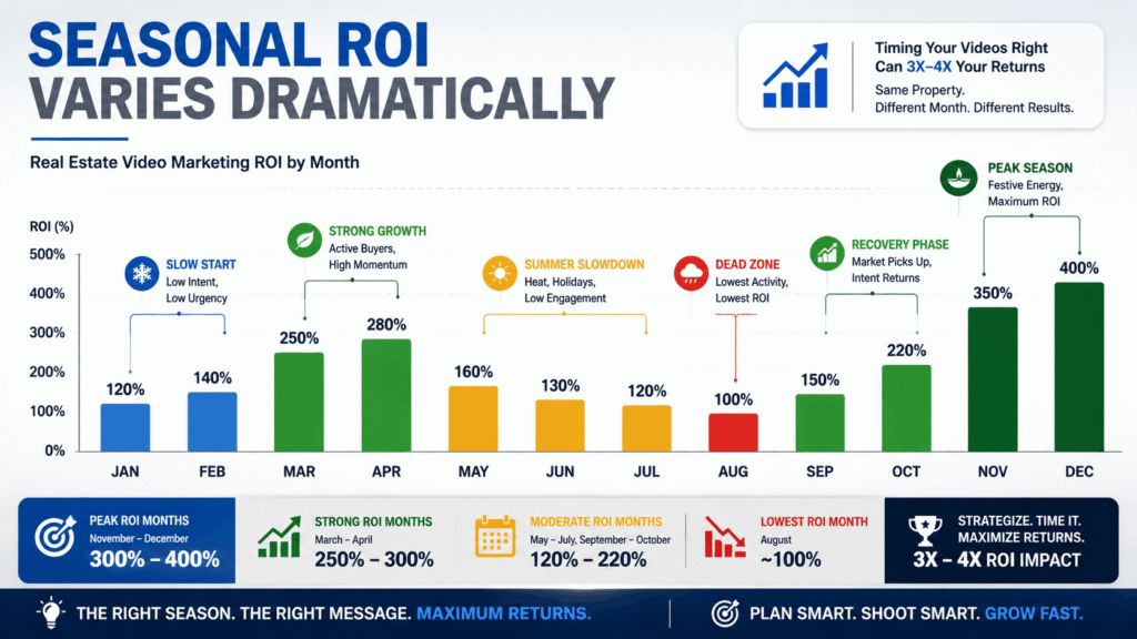  ROI comparison chart showing real estate video marketing returns varying by seasonal release timing