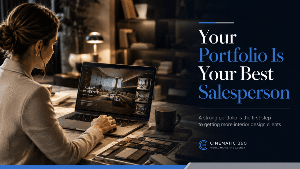 Interior designer reviewing a high-quality design portfolio on laptop