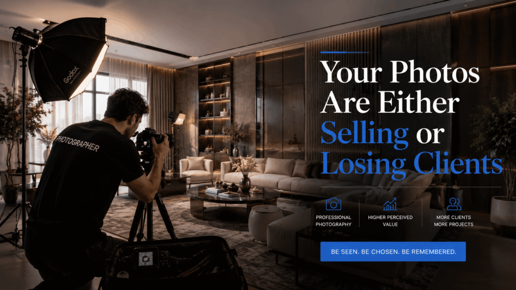 Interior design photographer shooting a luxury living room for a designer's portfolio