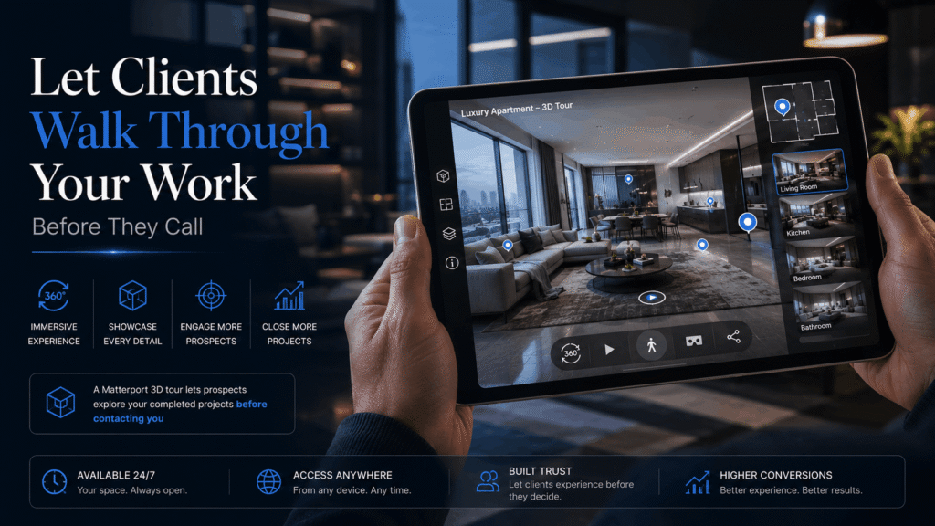 Person exploring a Matterport 3D virtual tour of an interior design project on tablet