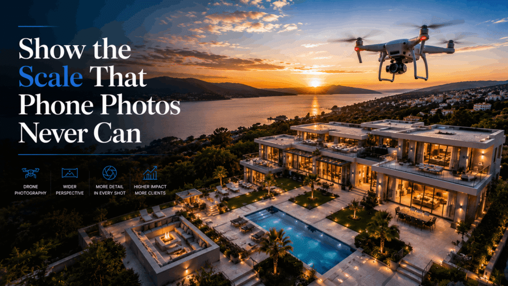 Aerial drone shot of luxury villa with interior design visible from above