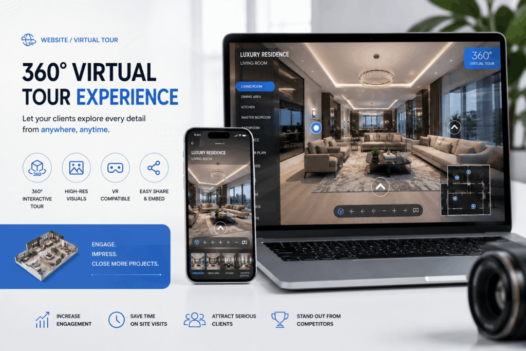 360 degree virtual tour of interior design project displayed on laptop