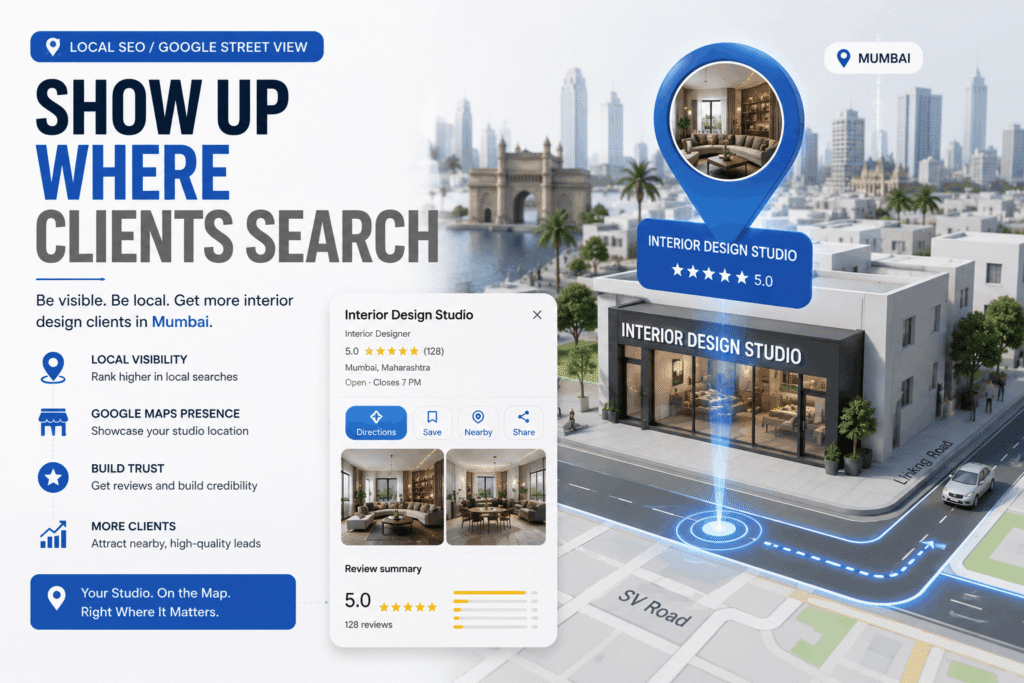 Google Maps showing interior design studio location with Street View
