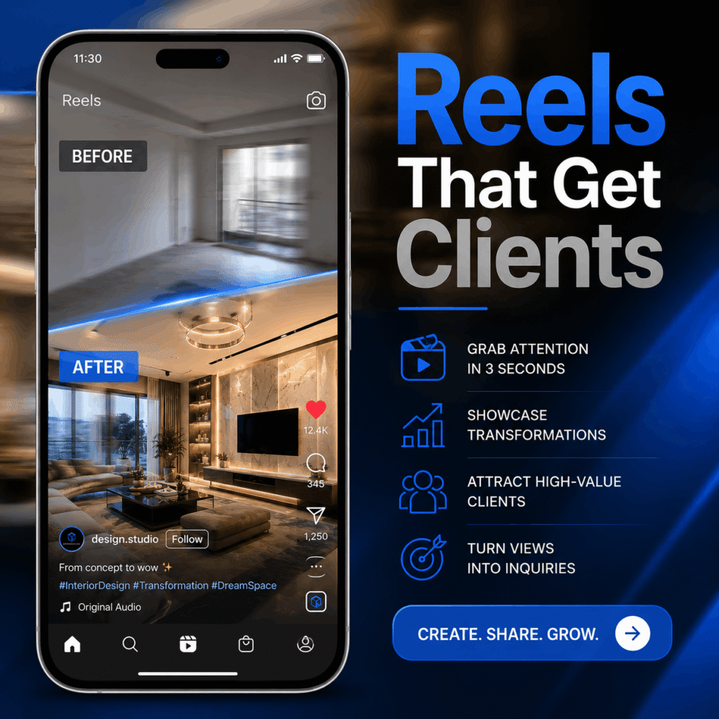 Interior designer social media reel showing project transformation on phone
