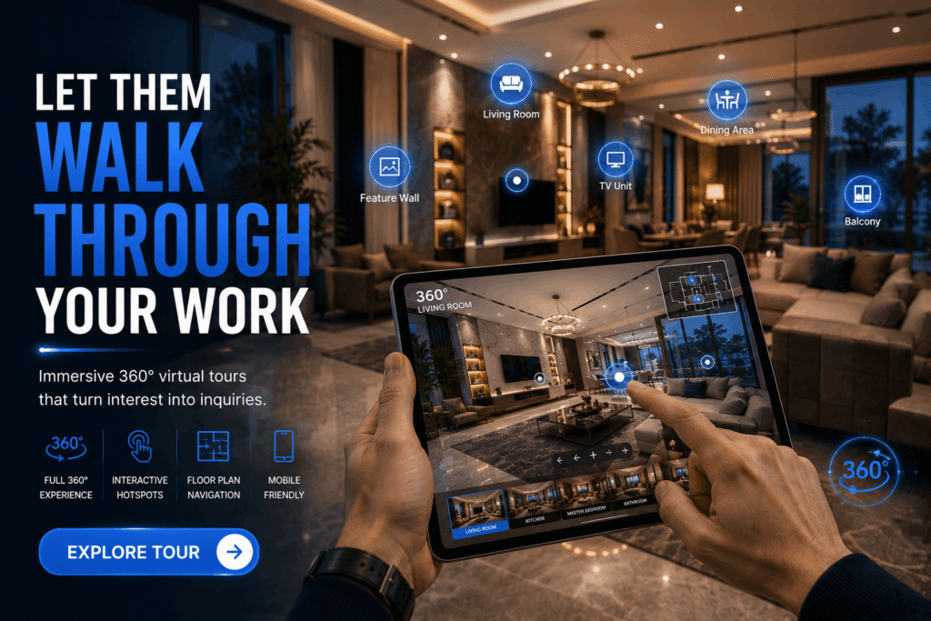 Text: 360 degree virtual tour of interior design project shared on social media