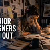 Exhausted interior designer sitting at cluttered desk representing burnout in the design industry