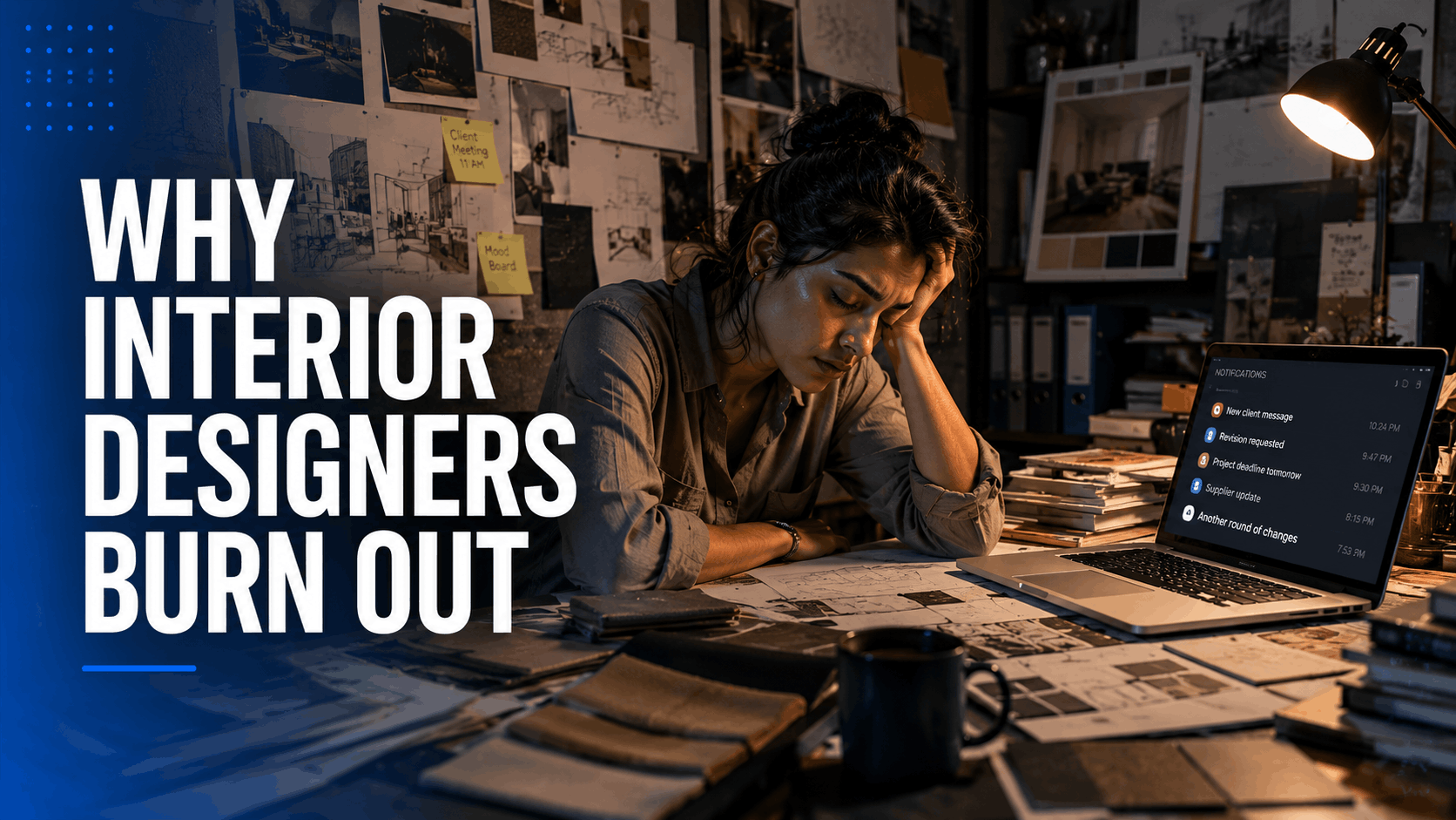 Exhausted interior designer sitting at cluttered desk representing burnout in the design industry