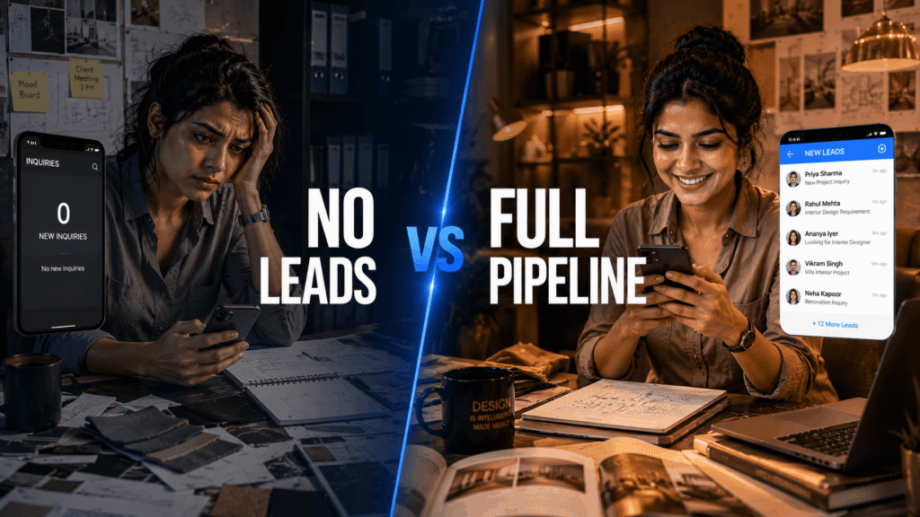 Two scenarios showing an interior designer with no leads versus a full project pipeline