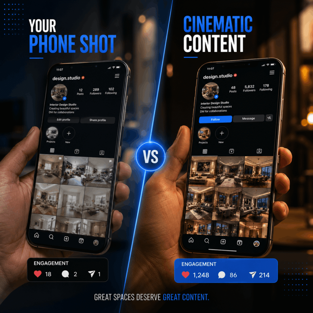 Comparison of low-quality phone photography versus professional cinematic interior content on Instagram