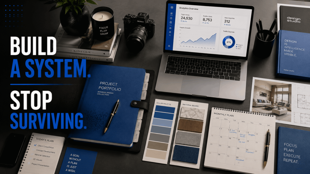 Organized interior designer workspace representing a professional content and marketing system