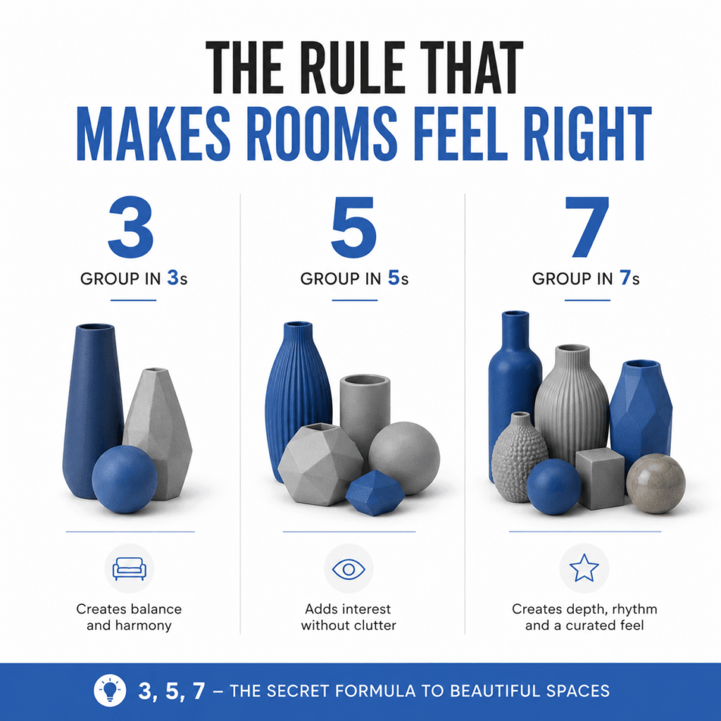 Infographic explaining the 3-5-7 rule in interior design with odd number groupings