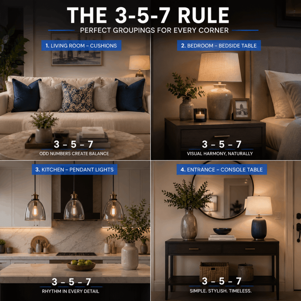 Interior design 3-5-7 rule examples in living room bedroom kitchen and entrance