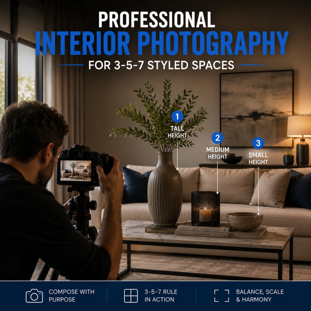 Professional photographer capturing interior design space styled with the 3-5-7 rule