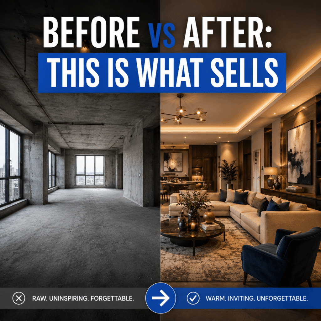 Interior design before and after transformation showing raw space vs completed luxury interior
