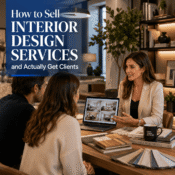 Interior designer showing portfolio to clients explaining how to sell interior design services