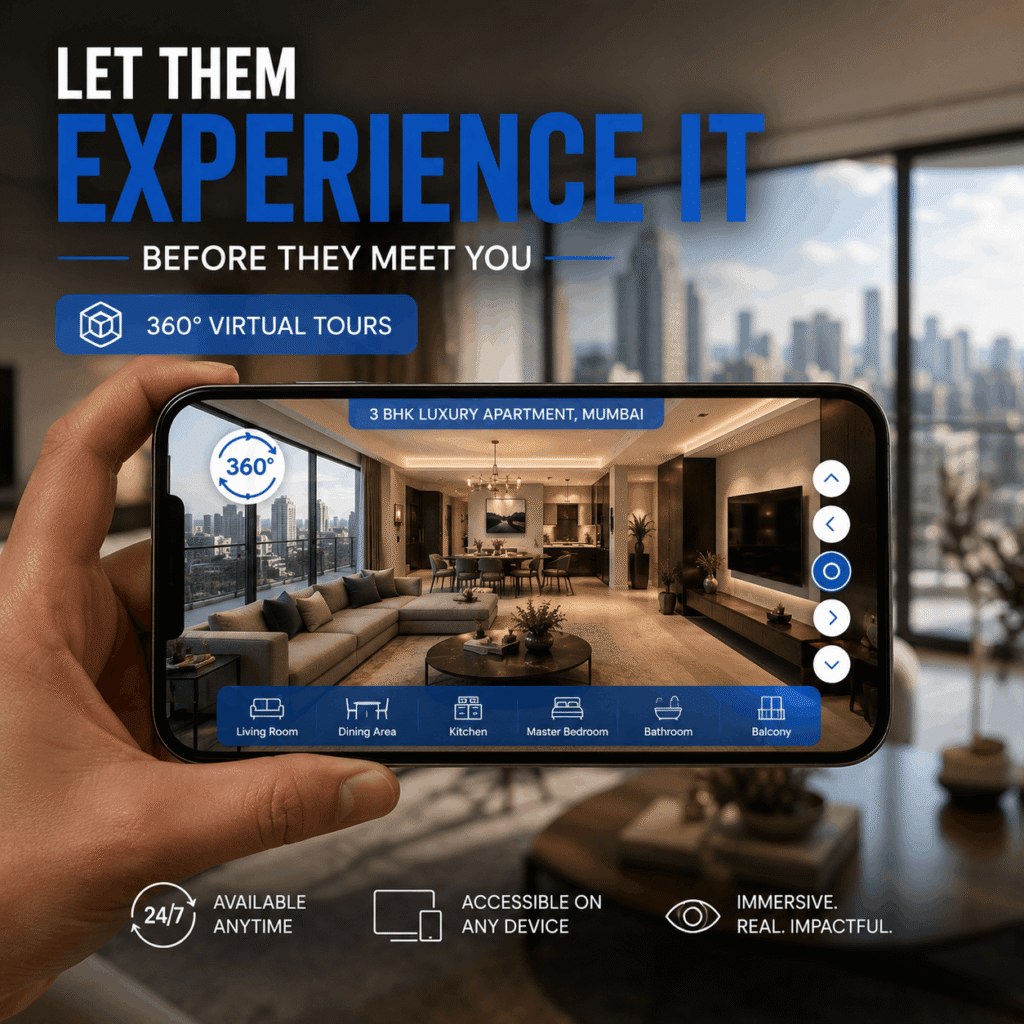 60 degree virtual tour of interior design project viewed on smartphone for client sales