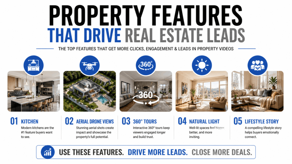 Infographic showing top 5 property features that drive clicks shares and leads in real estate video marketing