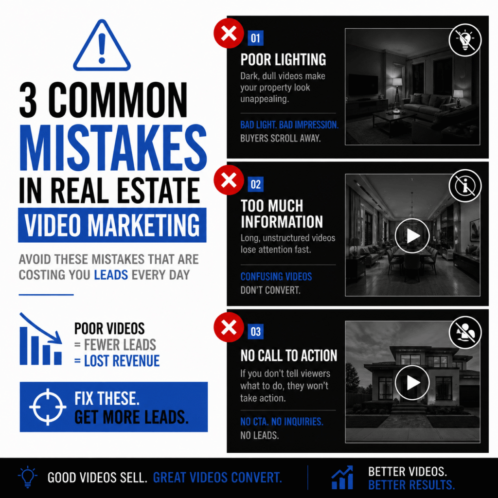 Warning graphic showing 3 common real estate video marketing mistakes that reduce property leads and clicks