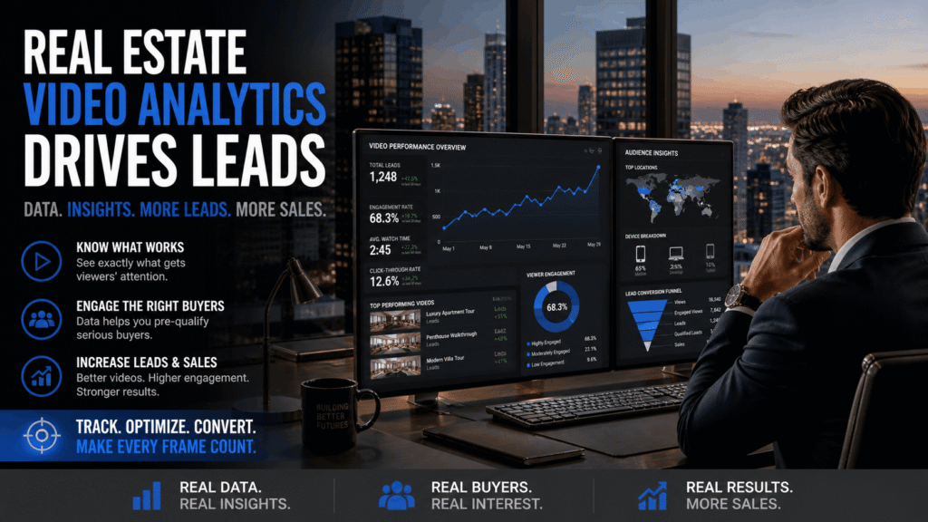 Text: Real estate developer reviewing property video analytics data on screen with rising leads graph and city skyline background