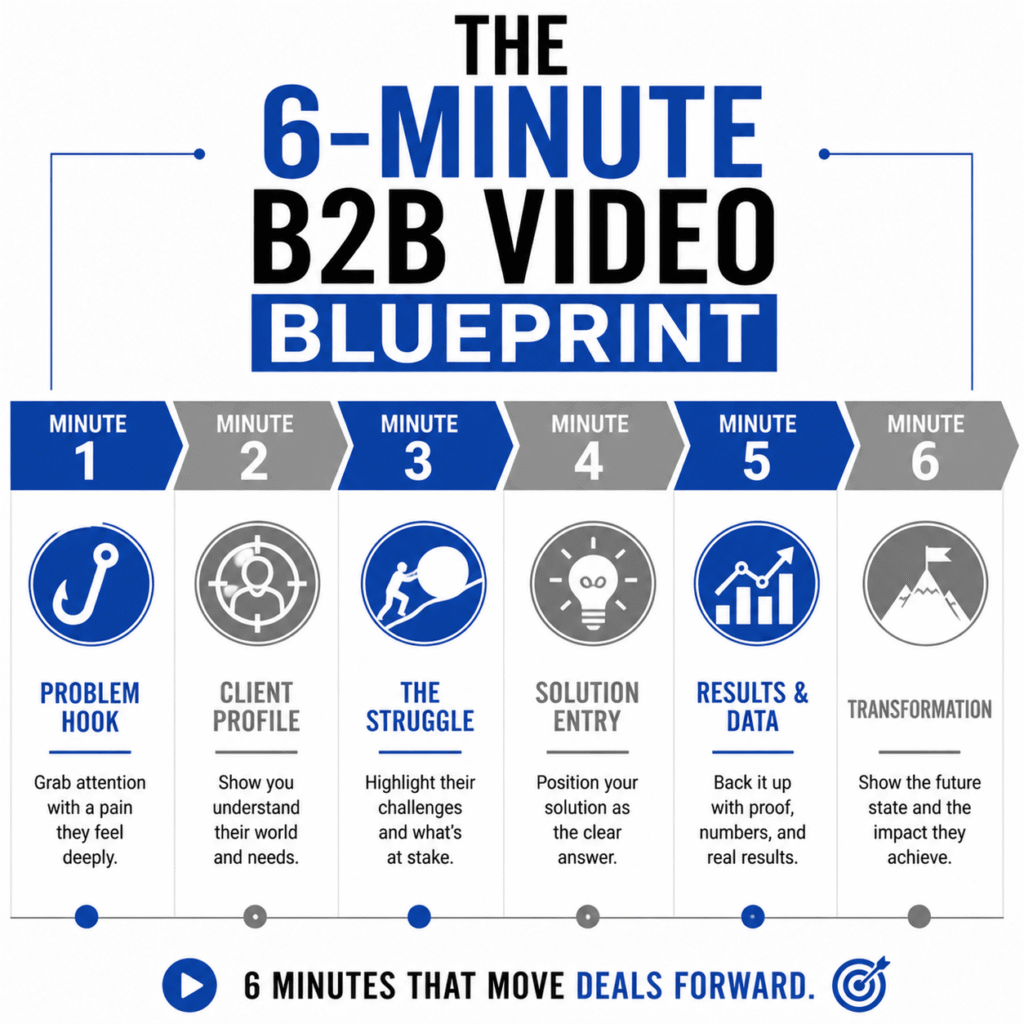 Timeline infographic showing 6-minute case study video formula with problem, evaluation, results, and recommendation segments