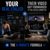 Split image showing stalled enterprise deal versus successful video presentation to executive committee