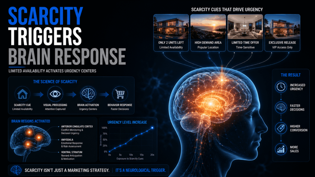 Brain psychology illustration showing scarcity response to real estate photography triggering urgency centers