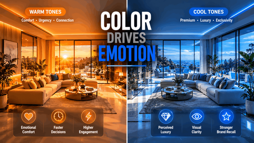 Color psychology comparison in real estate photos showing warm versus cool tones creating different buyer urgency