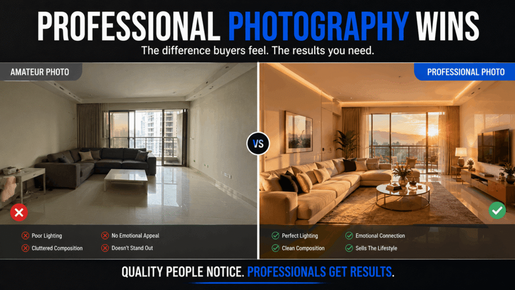 Professional versus amateur real estate photography comparison showing dramatic quality difference impact on buyer urgency