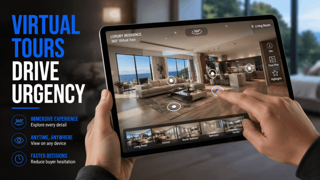  Interactive 360 degree virtual tour on tablet showing immersive property exploration creating buyer urgency