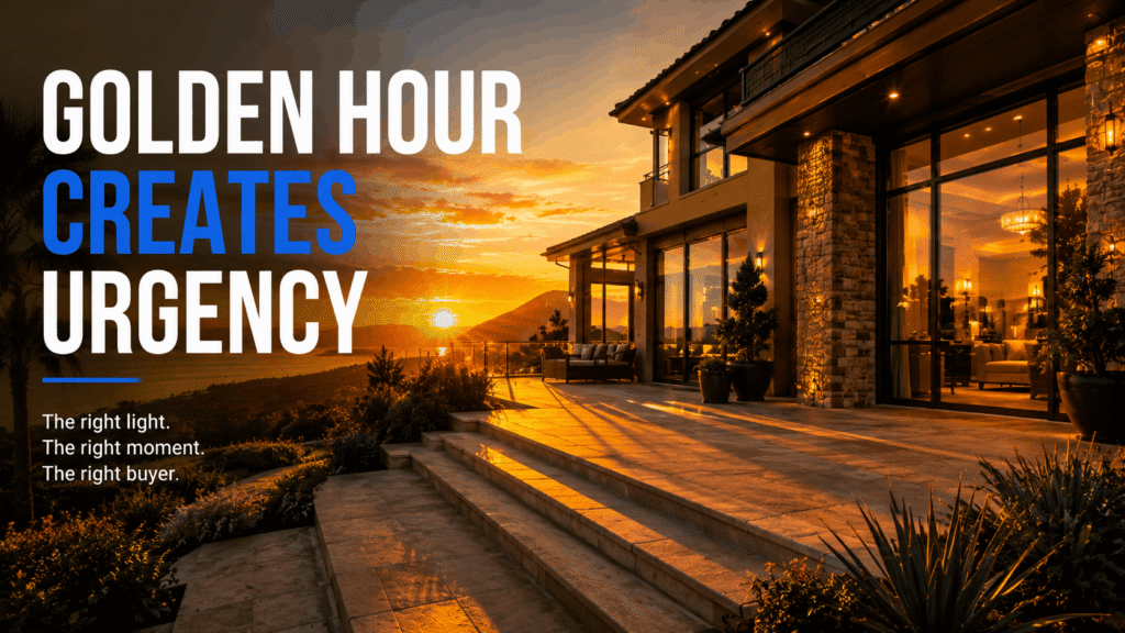  Golden hour real estate photography with warm sunset lighting creating urgency and FOMO in property buyers