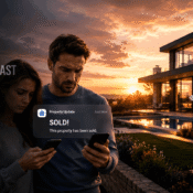 Real estate FOMO psychology showing sold property at sunset with disappointed buyers missing opportunity