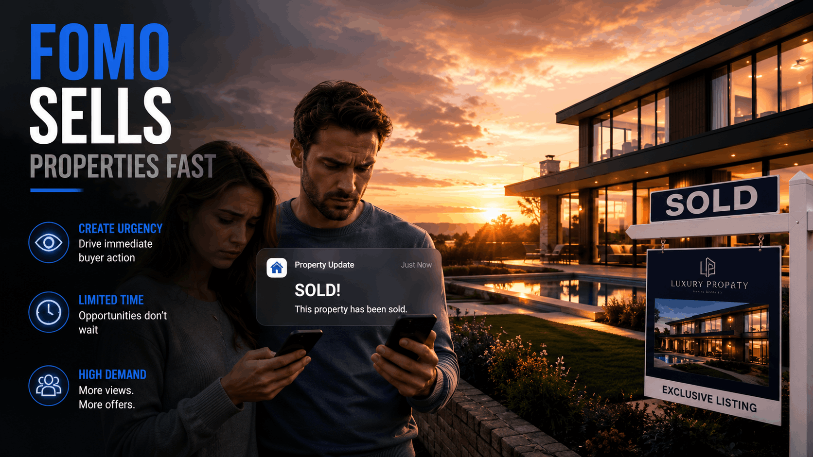 Real estate FOMO psychology showing sold property at sunset with disappointed buyers missing opportunity