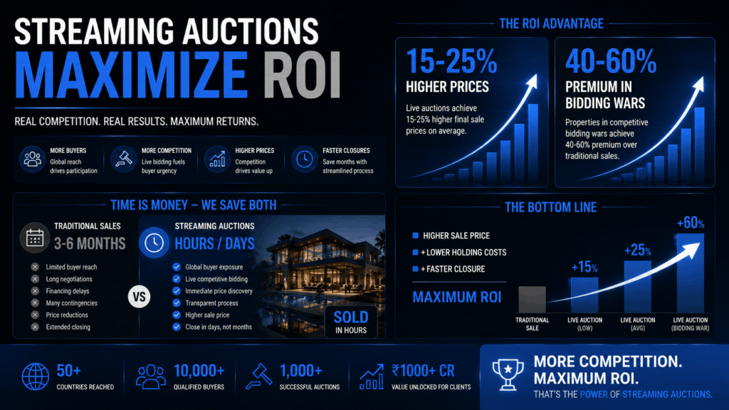 ROI infographic showing 15-25% higher prices and 40-60% premiums from live streaming real estate auctions