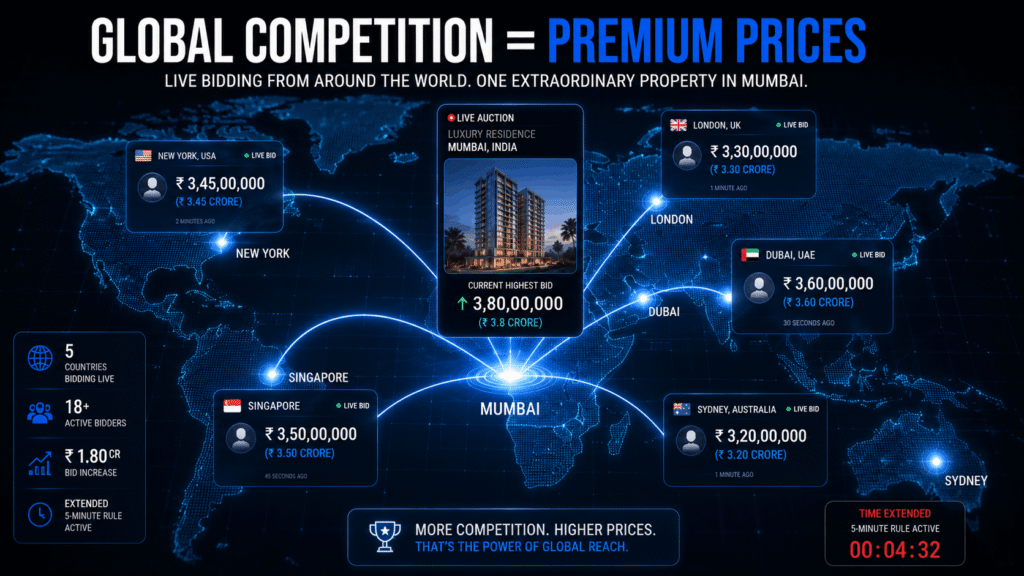 Global map showing international bidders from multiple countries competing in live streaming property auction