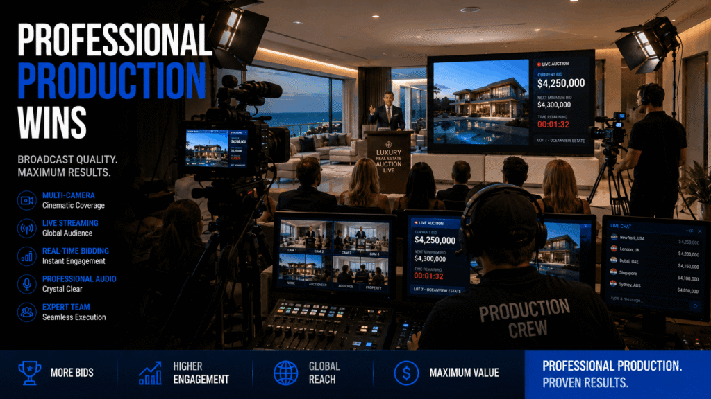 Professional live streaming auction production setup with multiple cameras and broadcast equipment for property sales