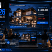 Live streaming real estate auction 2026 with multiple devices showing real-time global bidding and rising prices