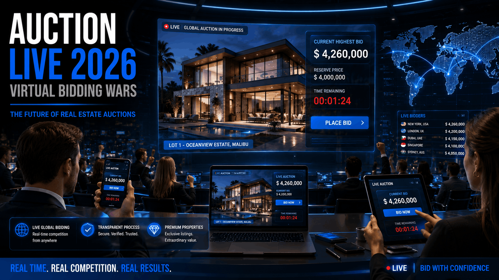Live streaming real estate auction 2026 with multiple devices showing real-time global bidding and rising prices
