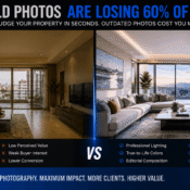 Split comparison showing outdated interior design portfolio versus modern professional photography quality