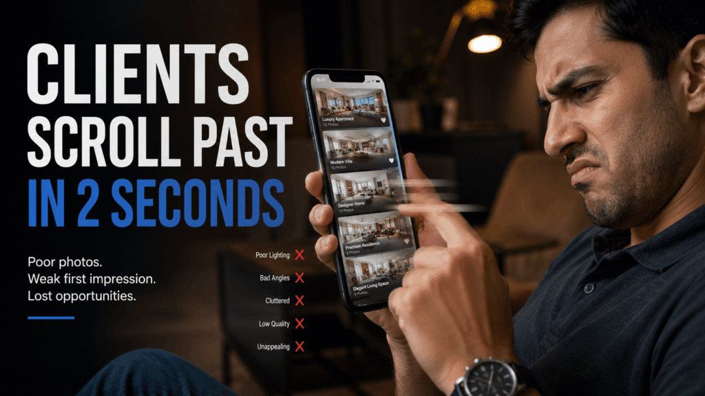 Client scrolling past poor quality interior design portfolio photos on smartphone