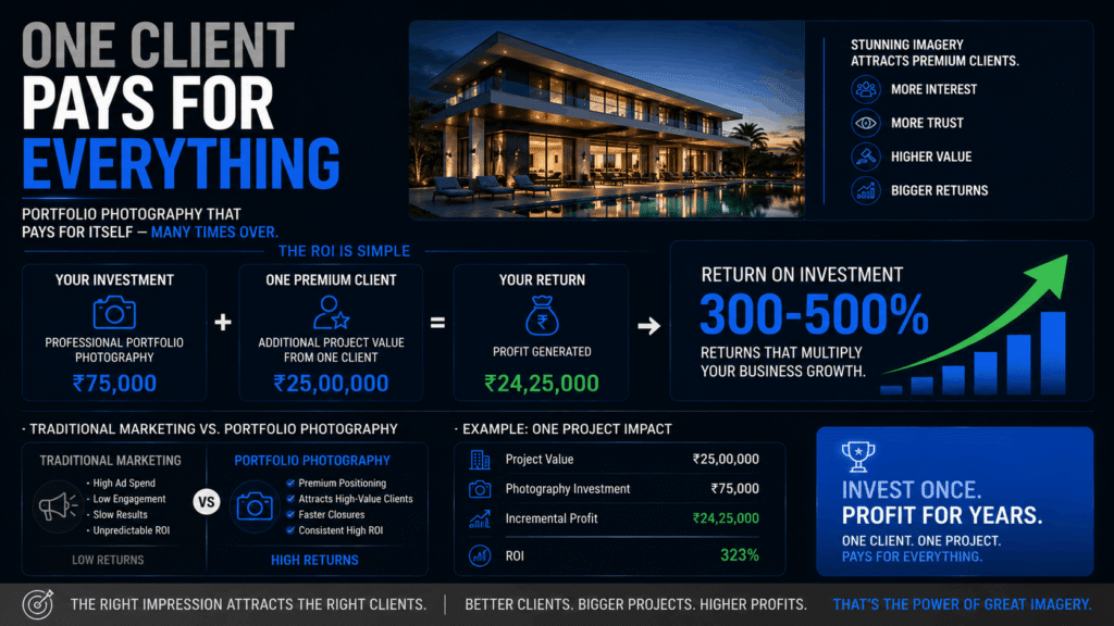 ROI infographic showing 300-500% returns from professional interior design portfolio photography