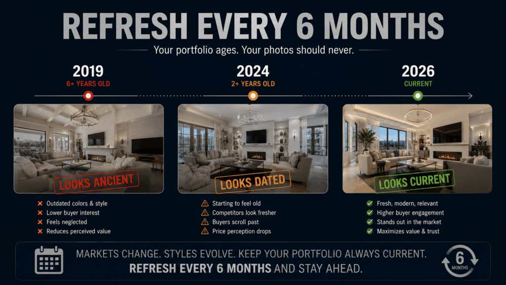 Timeline showing how interior design portfolio photos age and require regular professional refresh