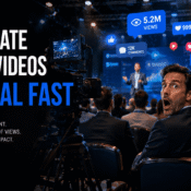 Corporate conference audience reacting during a filmed business event while social media notifications explode around a viral attendee moment.