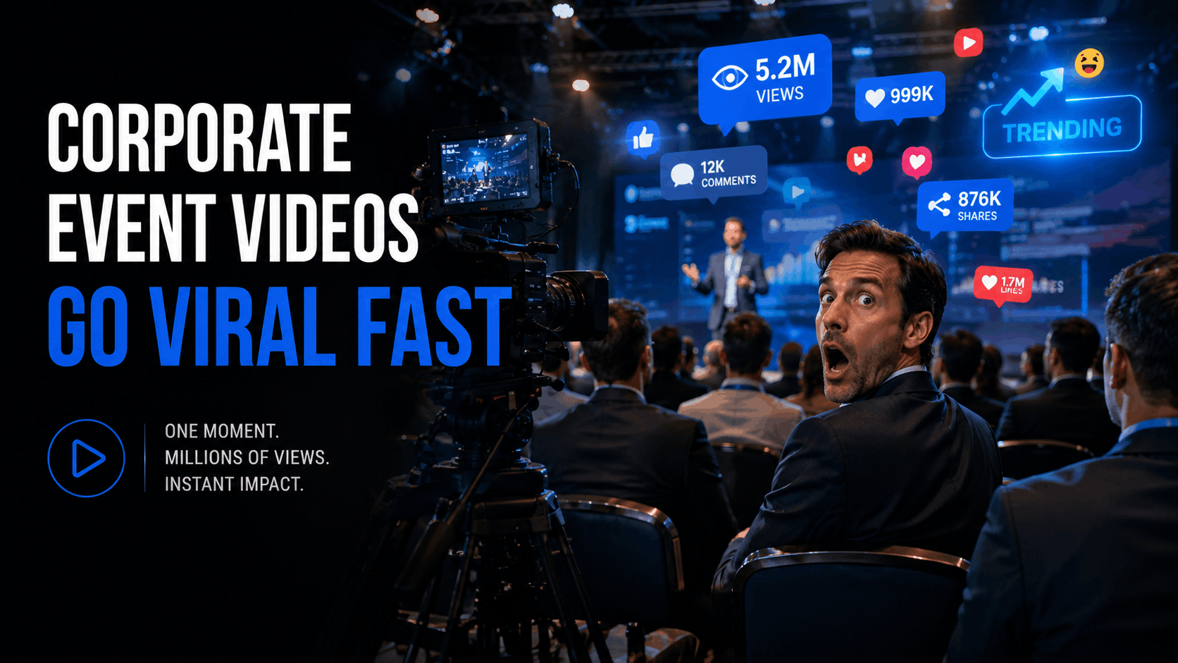 Corporate conference audience reacting during a filmed business event while social media notifications explode around a viral attendee moment.